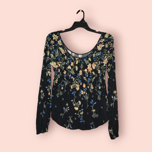 Free People Tops - Free People Dahlia Floral Long Sleeve Top Womens Small Black Scoopneck Peasant S